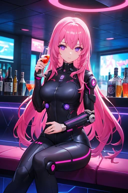 00206-984404888-Cyberpunk, 1girl, sitting in a futuristic bar, holding a glass, modified human, elegant suit, pink hair, purple eyes, looking in.png